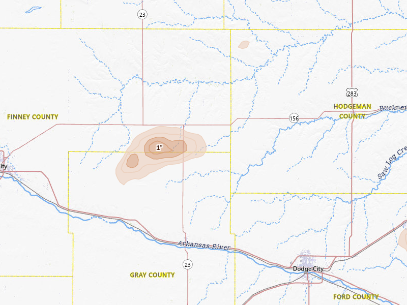 Radar-estimated hail-size map of the storm over Cimarron, KS on Jul 9, 2026