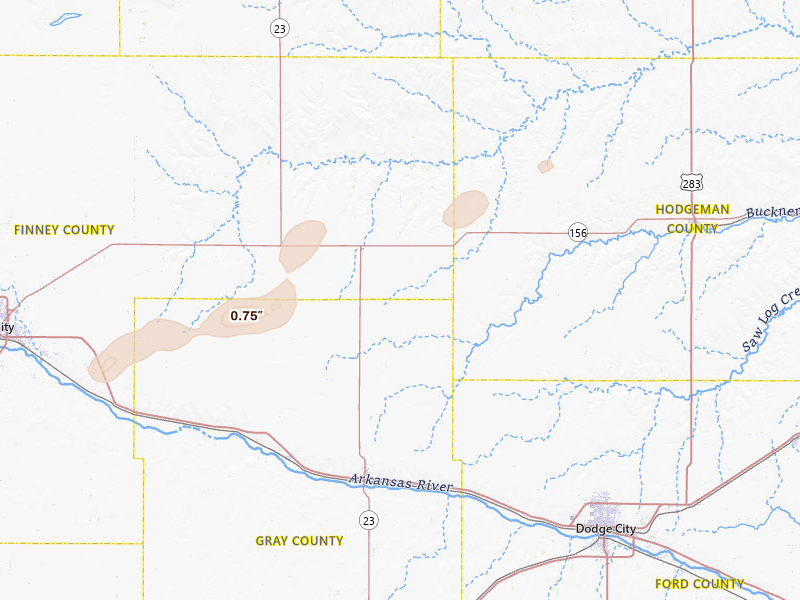 Radar-estimated hail-size map of the storm over Cimarron, KS on Jul 10, 2026