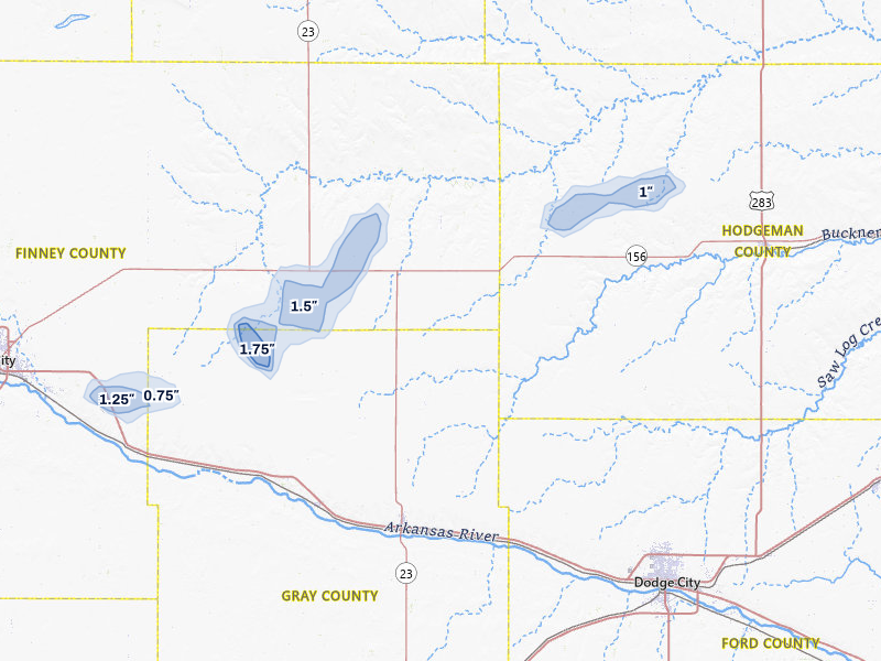 NEXRAD radar-signature map of the hail storm over Cimarron, KS on Jul 10, 2026