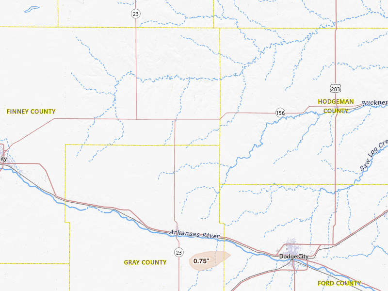 Radar-estimated hail-size map of the storm over Cimarron, KS on Jul 30, 2026