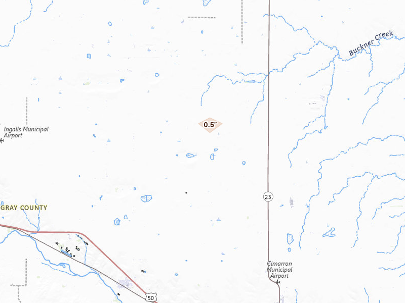 Radar-estimated hail-size map of the storm over Cimarron, KS on Aug 5, 2026