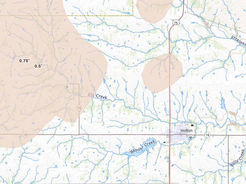 Radar-estimated hail-size map of the storm over Circleville, KS on May 17, 2026