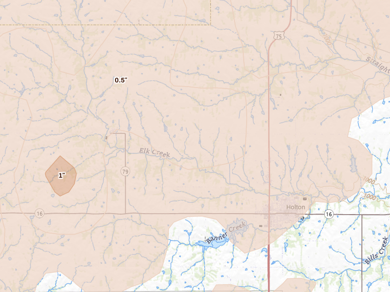 Radar-estimated hail-size map of the storm over Circleville, KS on May 18, 2026