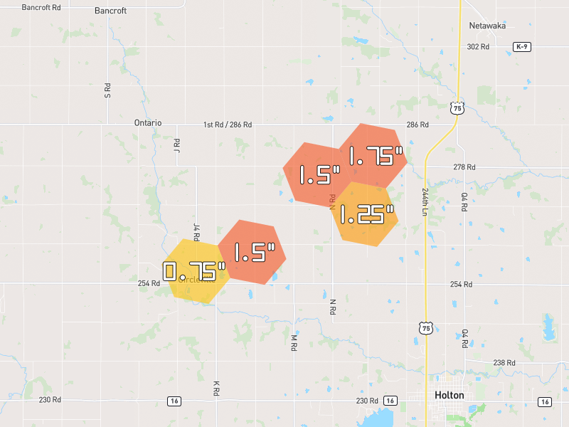 Hail map of Circleville, KS on Jun 5, 2026, hail up to 1.75"