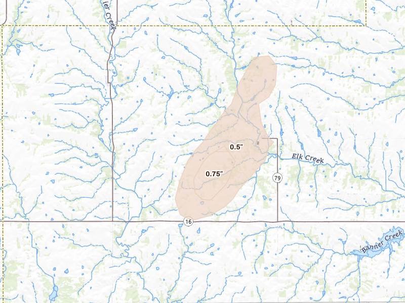Radar-estimated hail-size map of the storm over Circleville, KS on Aug 14, 2026