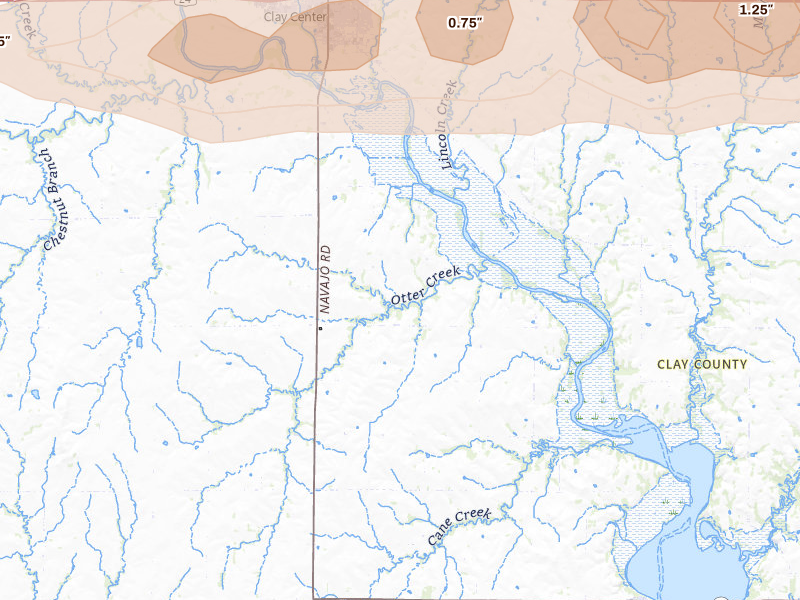 Radar-estimated hail-size map of the storm over Clay Center, KS on May 14, 2026