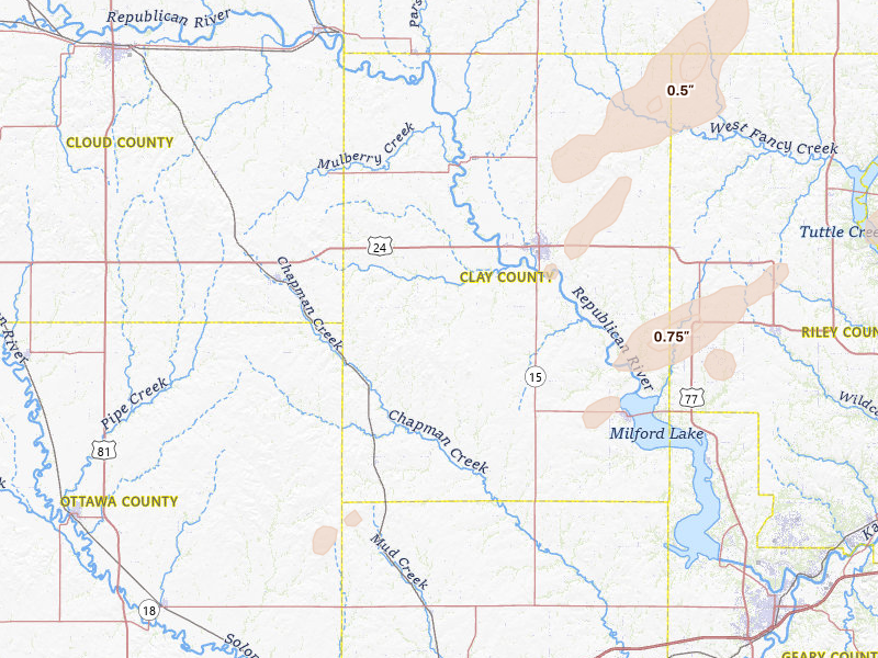 Radar-estimated hail-size map of the storm over Clay Center, KS on Jun 4, 2026