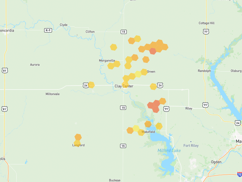 Hail map of Clay Center, KS on Jun 4, 2026, hail up to 1.5"