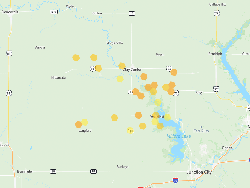 Hail map of Clay Center, KS on Jun 9, 2026, hail up to 1.25"