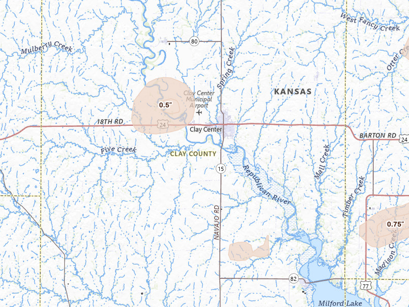 Radar-estimated hail-size map of the storm over Clay Center, KS on Aug 15, 2026