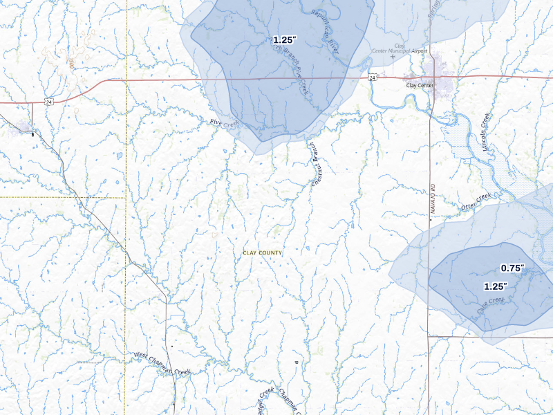 NEXRAD radar-signature map of the hail storm over Clay Center, KS on Aug 15, 2026