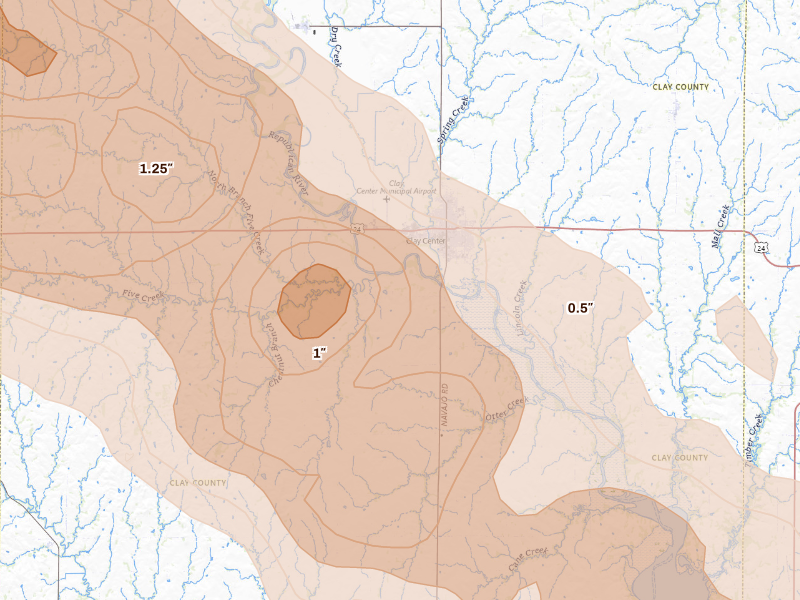 Radar-estimated hail-size map of the storm over Clay Center, KS on Sep 12, 2026