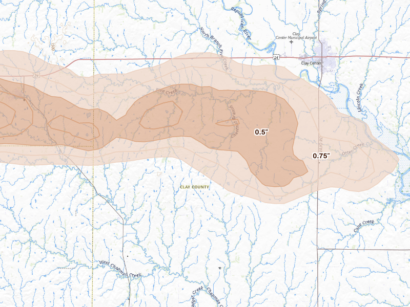 Radar-estimated hail-size map of the storm over Clay Center, KS on Sep 19, 2026