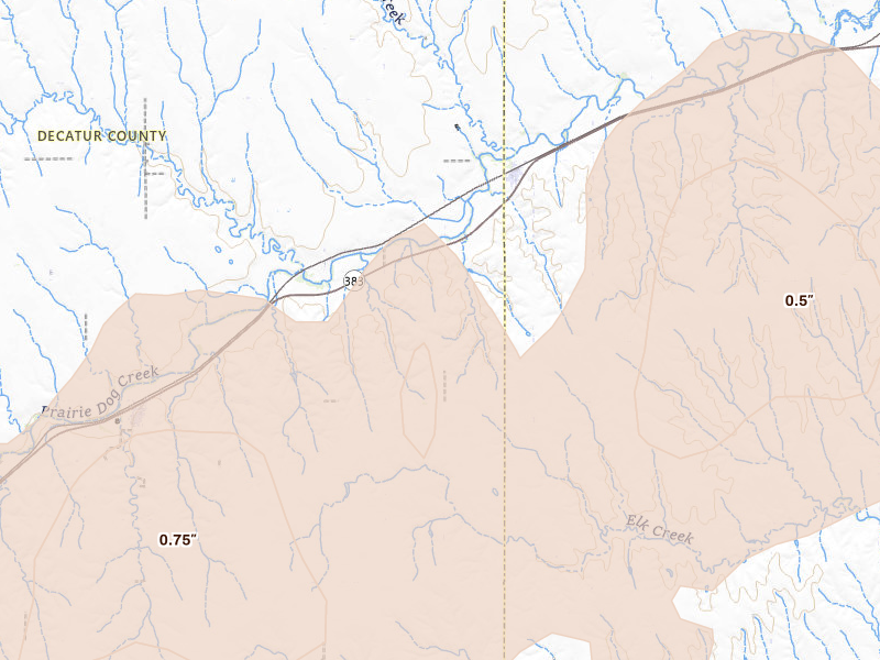 Radar-estimated hail-size map of the storm over Clayton, KS on Jul 1, 2026