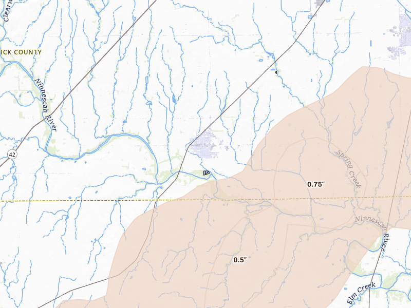 Radar-estimated hail-size map of the storm over Clearwater, KS on Mar 10, 2026