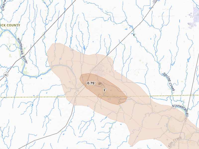 Radar-estimated hail-size map of the storm over Clearwater, KS on Jun 16, 2026
