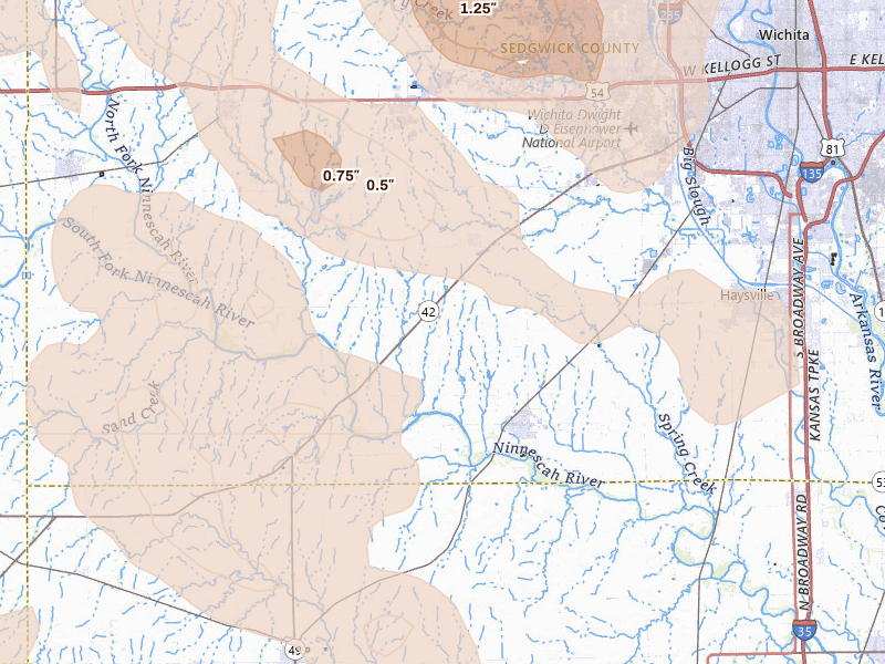 Radar-estimated hail-size map of the storm over Clearwater, KS on Jun 25, 2026
