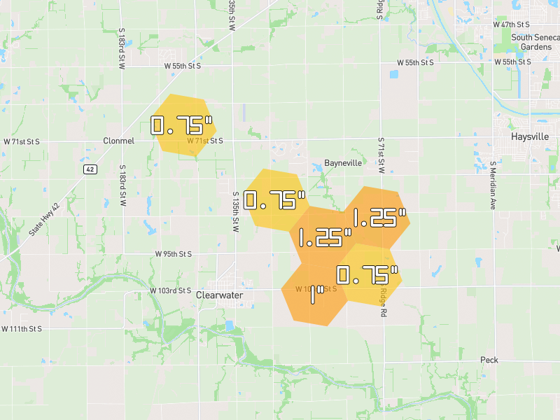 Hail map of Clearwater, KS on Jul 11, 2026, hail up to 1.25"