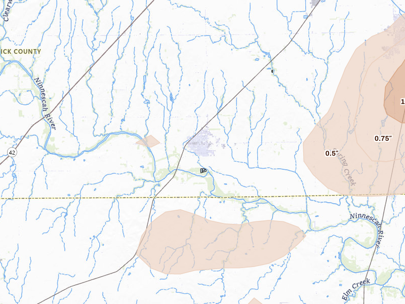 Radar-estimated hail-size map of the storm over Clearwater, KS on Aug 6, 2026