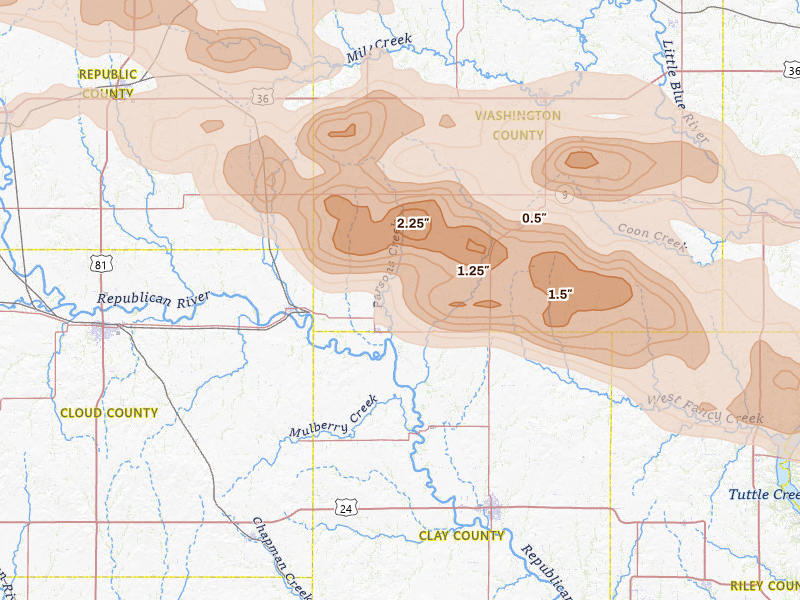Radar-estimated hail-size map of the storm over Clifton, KS on Apr 9, 2026