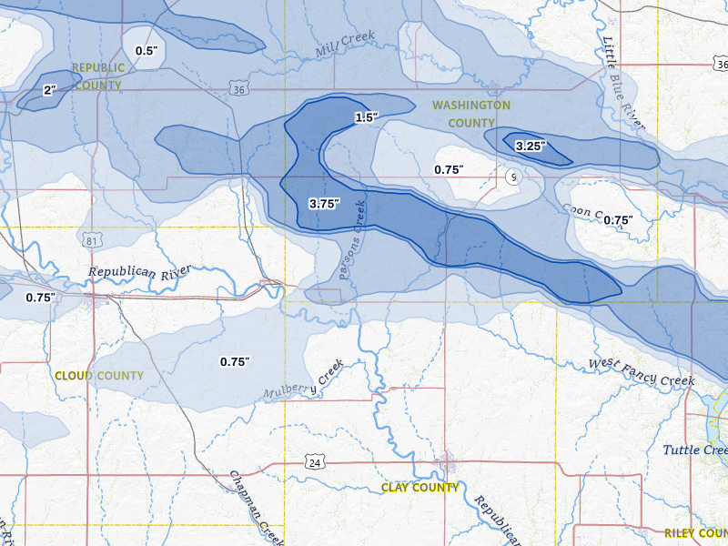 NEXRAD radar-signature map of the hail storm over Clifton, KS on Apr 9, 2026