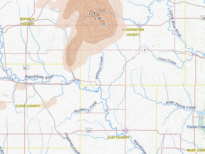 Radar-estimated hail-size map of the storm over Clifton, KS on May 16, 2026