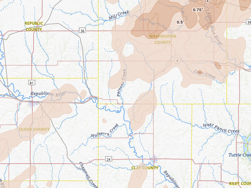 Radar-estimated hail-size map of the storm over Clifton, KS on May 17, 2026
