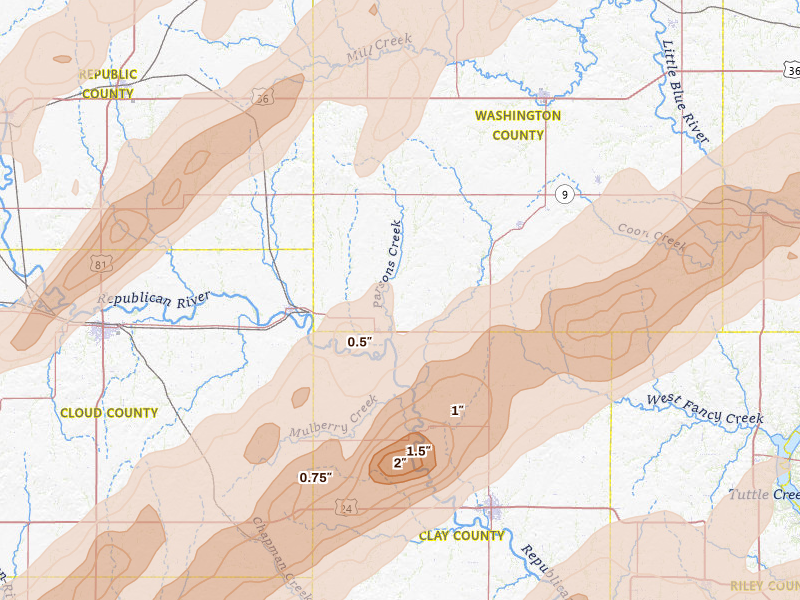 Radar-estimated hail-size map of the storm over Clifton, KS on May 18, 2026