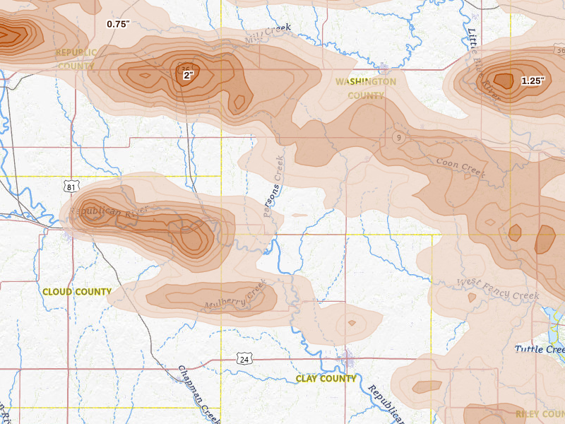 Radar-estimated hail-size map of the storm over Clifton, KS