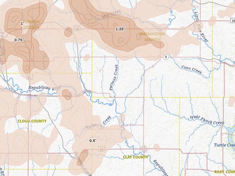 Radar-estimated hail-size map of the storm over Clifton, KS on Jul 3, 2026