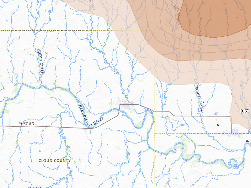 Radar-estimated hail-size map of the storm over Clyde, KS on Apr 9, 2026