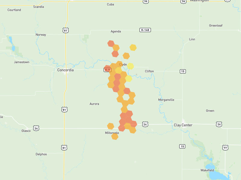 Hail map of Clyde, KS on Jul 4, 2026, hail up to 1.75"