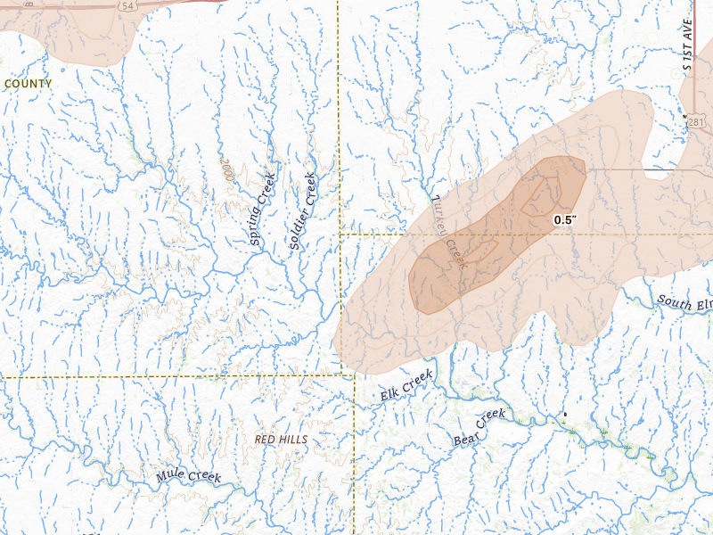 Radar-estimated hail-size map of the storm over Coats, KS on May 18, 2026