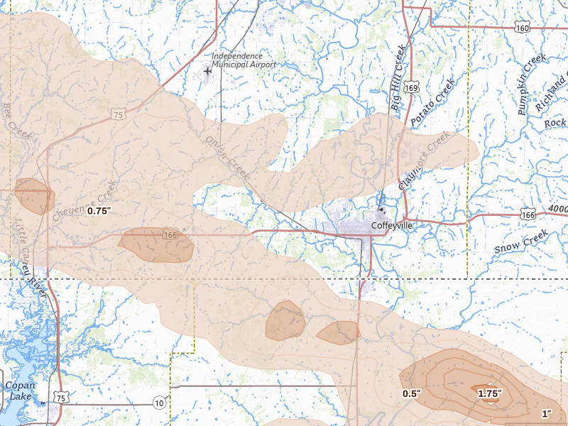 Radar-estimated hail-size map of the storm over Coffeyville, KS on Apr 25, 2026