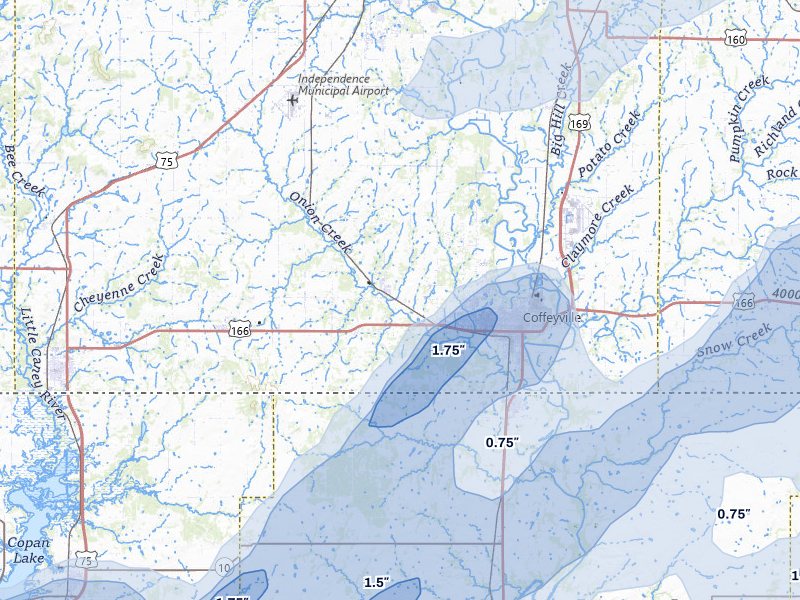 NEXRAD radar-signature map of the hail storm over Coffeyville, KS on Apr 28, 2026