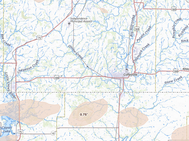 Radar-estimated hail-size map of the storm over Coffeyville, KS on May 4, 2026