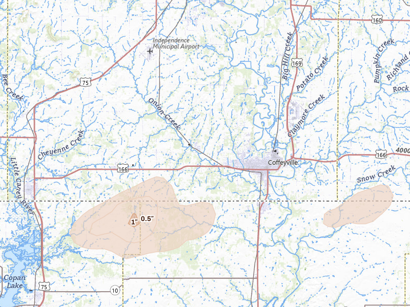 Radar-estimated hail-size map of the storm over Coffeyville, KS on May 30, 2026
