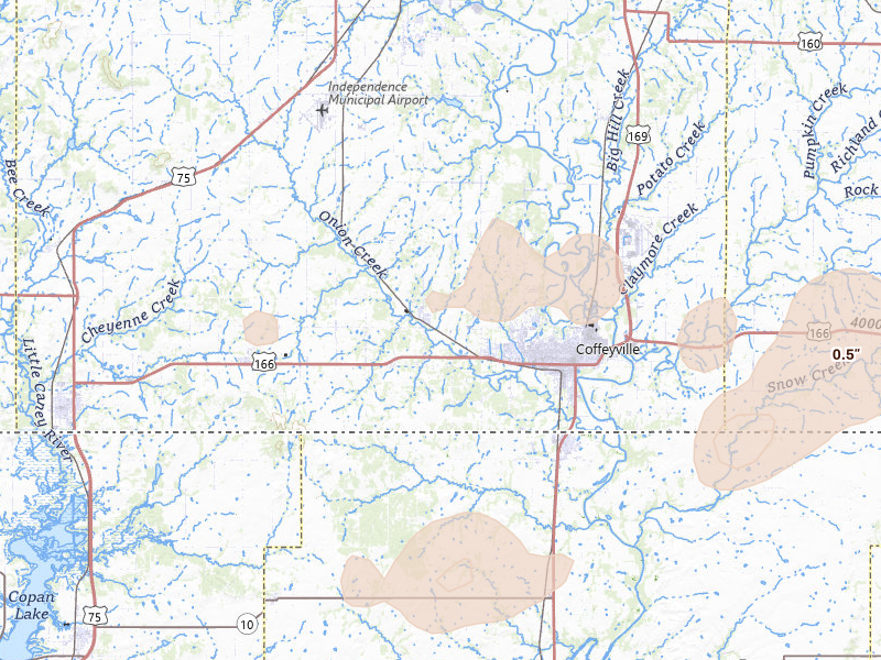 Radar-estimated hail-size map of the storm over Coffeyville, KS on Jun 7, 2026