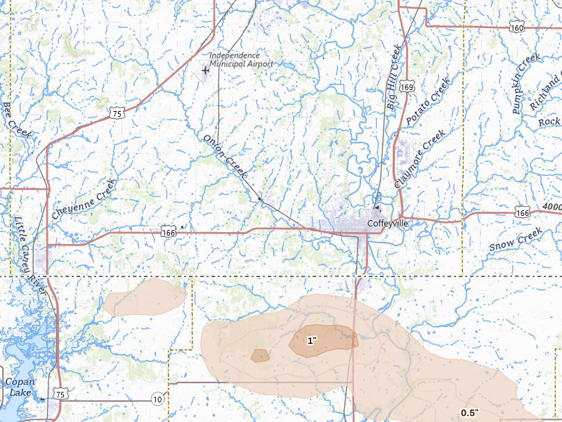 Radar-estimated hail-size map of the storm over Coffeyville, KS on Jun 18, 2026