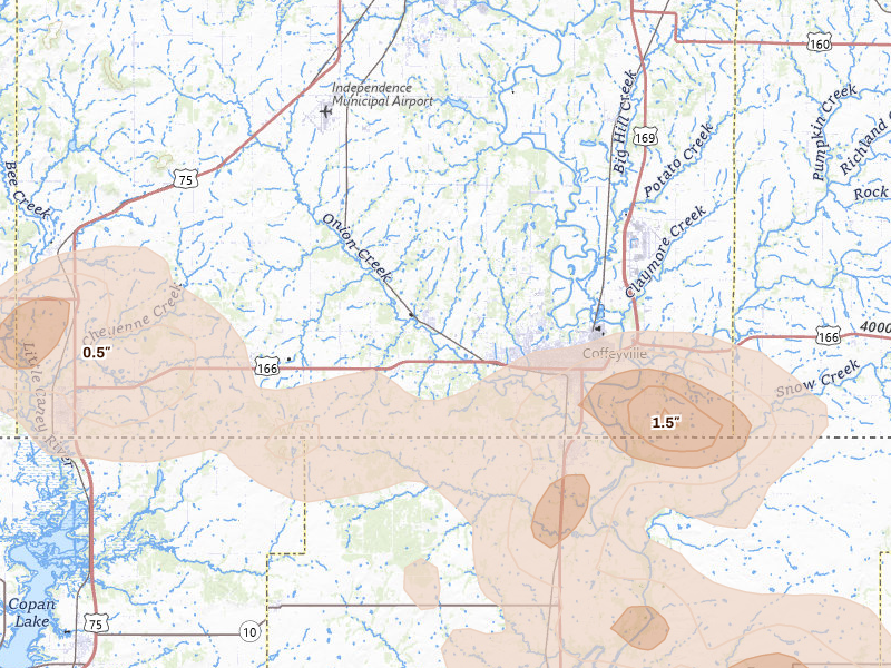 Radar-estimated hail-size map of the storm over Coffeyville, KS on Jun 26, 2026