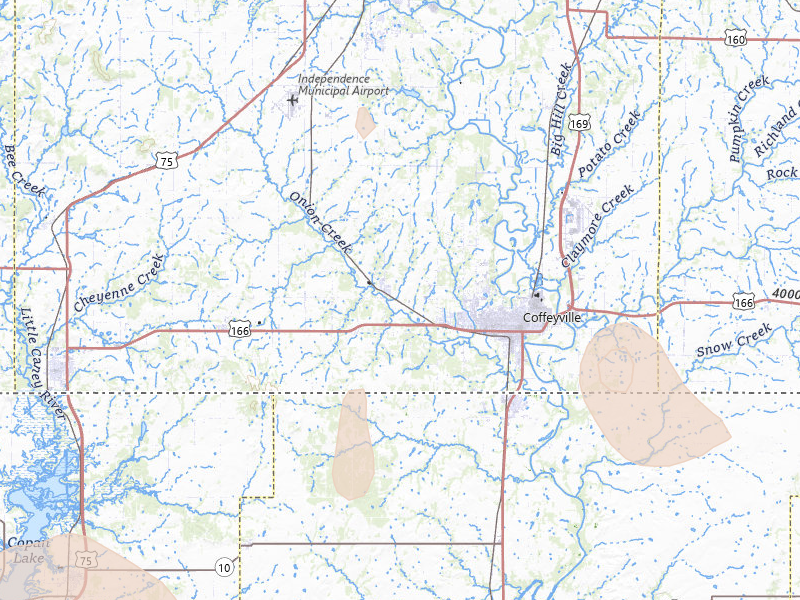 Radar-estimated hail-size map of the storm over Coffeyville, KS on Jul 4, 2026