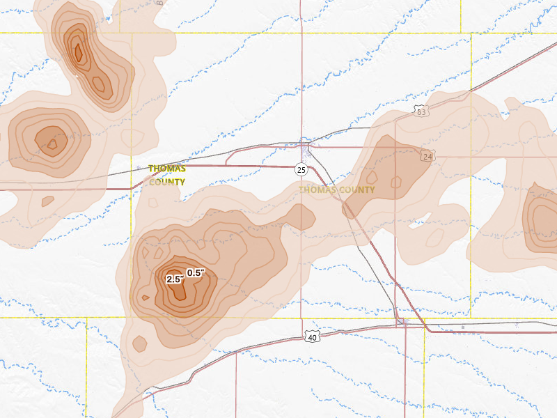 Radar-estimated hail-size map of the storm over Colby, KS on May 16, 2026