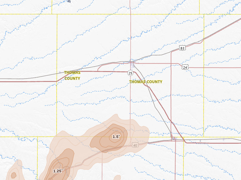Radar-estimated hail-size map of the storm over Colby, KS on Jun 1, 2026