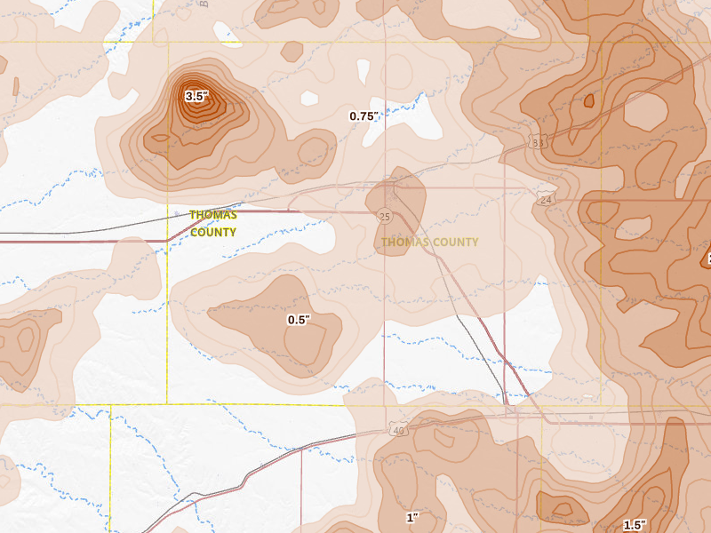 Radar-estimated hail-size map of the storm over Colby, KS on Jun 20, 2026
