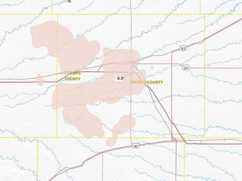 Radar-estimated hail-size map of the storm over Colby, KS on Jun 24, 2026