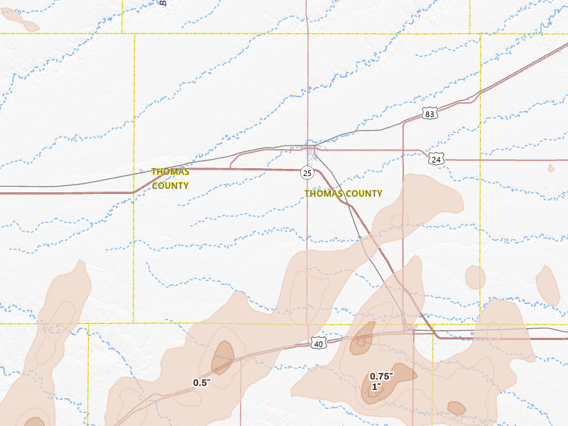Radar-estimated hail-size map of the storm over Colby, KS on Jun 30, 2026