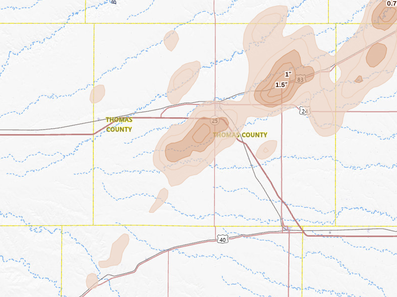 Radar-estimated hail-size map of the storm over Colby, KS on Jul 1, 2026