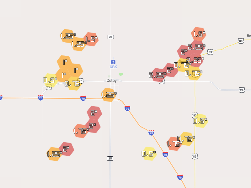 Hail map of Colby, KS on Jul 2, 2026, hail up to 2.25"