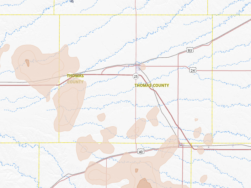 Radar-estimated hail-size map of the storm over Colby, KS on Jul 3, 2026