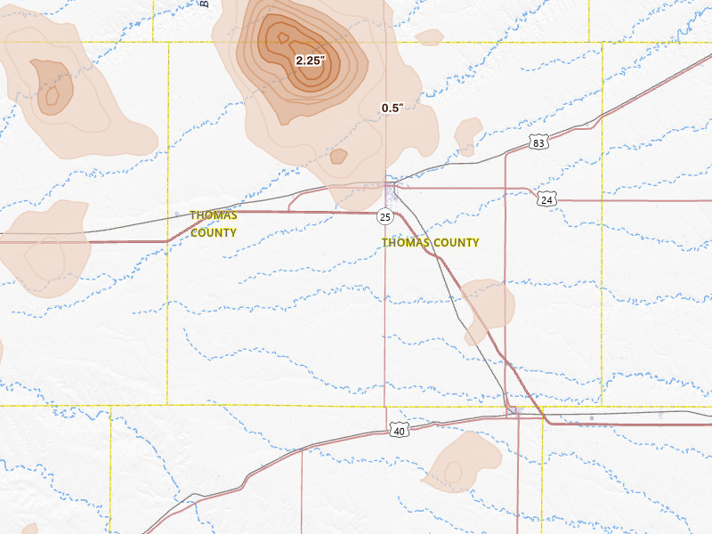 Radar-estimated hail-size map of the storm over Colby, KS on Jul 9, 2026